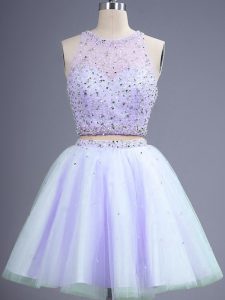 Lavender Tulle Lace Up Scoop Sleeveless Knee Length Vestidos de Damas Beading