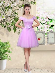 Beauteous Lilac V-neck Lace Up Lace and Belt Dama Dress Cap Sleeves