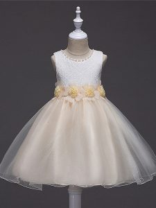 Champagne Ball Gowns Scoop Sleeveless Tulle Knee Length Zipper Lace and Hand Made Flower High School Pageant Dress