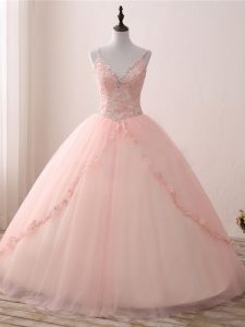 Modest Pink Quinceanera Dress Sweet 16 and Quinceanera with Beading and Appliques V-neck Sleeveless Lace Up