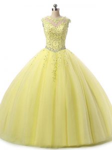 Graceful Ball Gowns Sweet 16 Dress Yellow Scoop Tulle Sleeveless Floor Length Lace Up