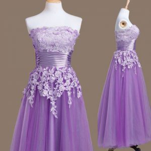 Enchanting Strapless Sleeveless Tulle Dama Dress for Quinceanera Appliques Lace Up