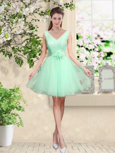 Hot Sale Knee Length Apple Green Damas Dress V-neck Sleeveless Lace Up