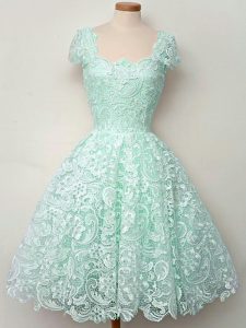 Apple Green A-line Lace Quinceanera Court Dresses Lace Up Lace Cap Sleeves Knee Length