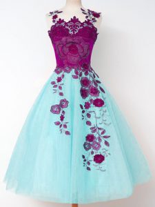 Aqua Blue Tulle Lace Up Dama Dress for Quinceanera Sleeveless Knee Length Appliques