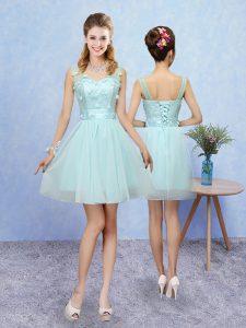 Extravagant Straps Sleeveless Lace Up Dama Dress for Quinceanera Aqua Blue Tulle
