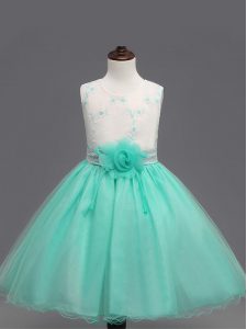 Super Apple Green Sleeveless Knee Length Appliques and Hand Made Flower Zipper Pageant Dresses