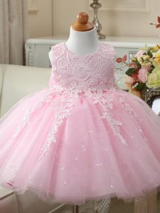 Most Popular Ball Gowns Little Girls Pageant Dress Wholesale Baby Pink Scoop Tulle Sleeveless Knee Length Zipper