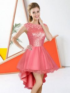 Beading and Lace Quinceanera Dama Dress Watermelon Red Backless Sleeveless High Low