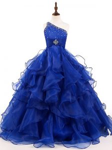 Ball Gowns Kids Pageant Dress Royal Blue One Shoulder Organza Sleeveless Floor Length Zipper