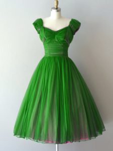 Latest Cap Sleeves Knee Length Ruching Lace Up Damas Dress with Green