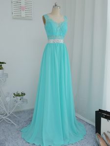 Custom Design Sleeveless Sweep Train Side Zipper Beading and Lace Quinceanera Dama Dress