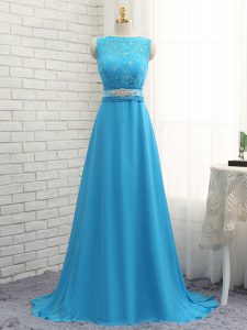 Modest Empire Sleeveless Baby Blue Vestidos de Damas Brush Train Zipper