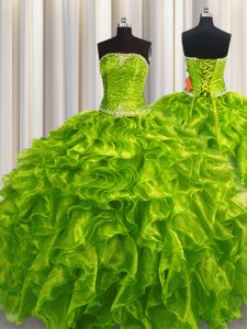 Chic Sleeveless Organza Floor Length Lace Up Quinceanera Gown in Olive Green with Beading and Ruffles