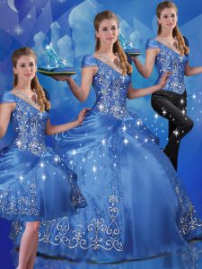 Blue Three Pieces Beading and Embroidery Quinceanera Gowns Lace Up Organza Cap Sleeves Floor Length