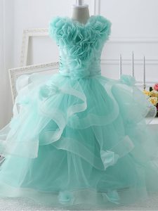 Superior High-neck Sleeveless Winning Pageant Gowns Floor Length Ruffles and Hand Made Flower Apple Green Tulle