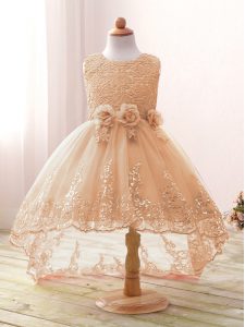 Popular Champagne Ball Gowns Lace and Bowknot and Hand Made Flower Pageant Dress for Girls Zipper Tulle Sleeveless High Low