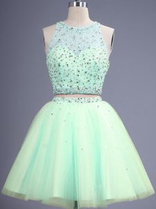 Apple Green Two Pieces Beading Quinceanera Court Dresses Lace Up Tulle Sleeveless Knee Length