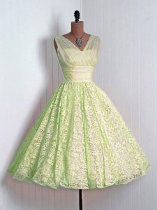 Yellow Green A-line Lace Dama Dress for Quinceanera Lace Up Lace Sleeveless Mini Length