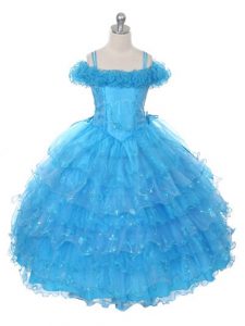 Baby Blue Organza Lace Up Evening Gowns Sleeveless Floor Length Ruffles and Ruffled Layers
