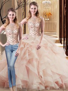Two Pieces Sleeveless Peach Quinceanera Dresses Brush Train Lace Up