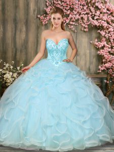 Stunning Sweetheart Sleeveless Sweet 16 Dresses Floor Length Beading and Ruffles Aqua Blue Tulle