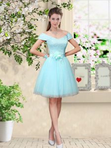 Glittering Aqua Blue Lace Up Quinceanera Dama Dress Lace and Belt Cap Sleeves Knee Length