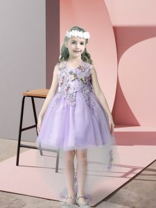 Sleeveless Tulle High Low Zipper Pageant Dress in Lavender with Lace and Bowknot