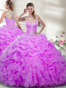 Pretty Organza Scoop Sleeveless Zipper Beading and Ruffles Sweet 16 Dresses in Lilac