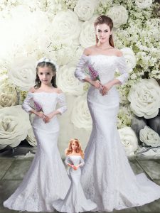 Best Selling White Mermaid Off The Shoulder 3 4 Length Sleeve Lace Brush Train Lace Up Lace Quinceanera Dress