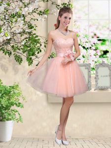Cute Sleeveless Knee Length Lace and Belt Lace Up Quinceanera Dama Dress with Peach