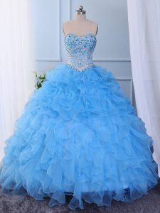 Stylish Baby Blue Lace Up Sweet 16 Dress Beading and Embroidery and Ruffled Layers Sleeveless Floor Length