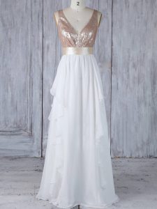 Custom Design White Empire Chiffon V-neck Sleeveless Ruffles and Sequins Floor Length Backless Vestidos de Damas