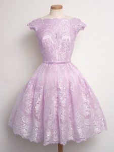 Spectacular Cap Sleeves Lace Knee Length Lace Up Damas Dress in Lilac with Lace