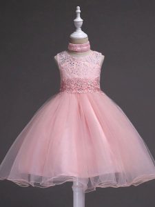 High End Knee Length Ball Gowns Sleeveless Baby Pink Little Girls Pageant Gowns Zipper