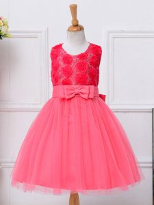 Hot Pink Lace Up Little Girls Pageant Dress Bowknot Sleeveless Knee Length