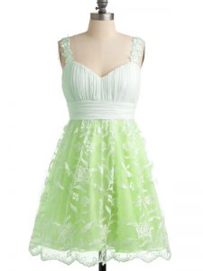 Colorful Yellow Green Lace Up Dama Dress for Quinceanera Lace Sleeveless Knee Length