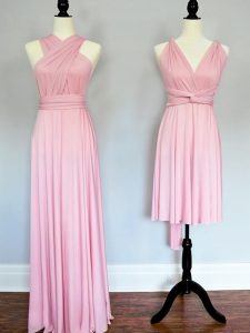 Halter Top Sleeveless Dama Dress for Quinceanera Floor Length Ruching Baby Pink Chiffon