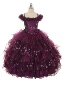 Unique Burgundy Sleeveless Floor Length Ruffles and Ruffled Layers Lace Up Glitz Pageant Dress