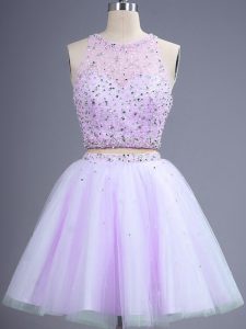 Noble Knee Length Lavender Court Dresses for Sweet 16 Tulle Sleeveless Beading