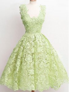 Exquisite Knee Length Zipper Quinceanera Court of Honor Dress Yellow Green for Prom and Party and Wedding Party with Lace
