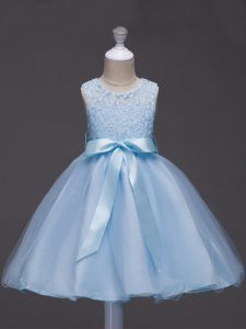 Stylish Light Blue Ball Gowns Lace and Belt Little Girls Pageant Dress Wholesale Zipper Tulle Sleeveless Knee Length