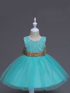 Aqua Blue Ball Gowns Lace and Bowknot Pageant Dress for Teens Zipper Tulle Sleeveless Knee Length