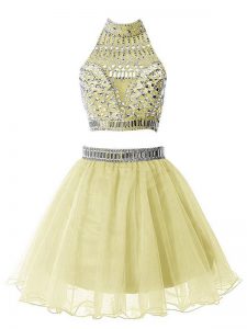 Yellow Sleeveless Knee Length Beading Zipper Quinceanera Dama Dress