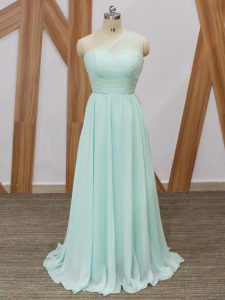 Fine Apple Green Chiffon Side Zipper Vestidos de Damas Sleeveless Sweep Train Ruching