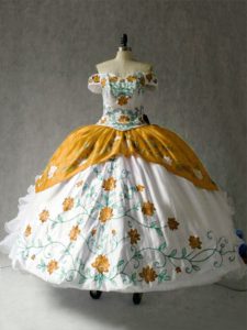 Floor Length Multi-color Ball Gown Prom Dress Off The Shoulder Cap Sleeves Lace Up