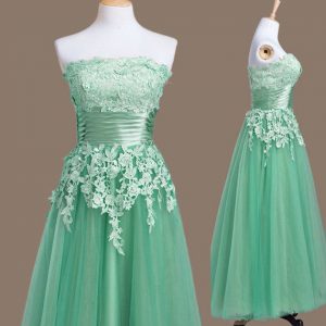 Best Selling Turquoise Empire Appliques Damas Dress Lace Up Tulle Sleeveless Tea Length