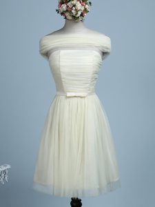 Cheap Light Yellow Empire Strapless Sleeveless Tulle Mini Length Side Zipper Belt Quinceanera Dama Dress