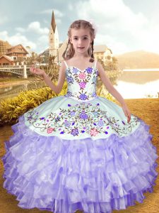 High Quality Sleeveless Organza and Taffeta Floor Length Lace Up Custom Made Pageant Dress in Lavender with Embroidery and Ruffled Layers