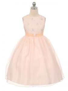 Baby Pink Tulle Lace Up Girls Pageant Dresses Sleeveless Knee Length Beading